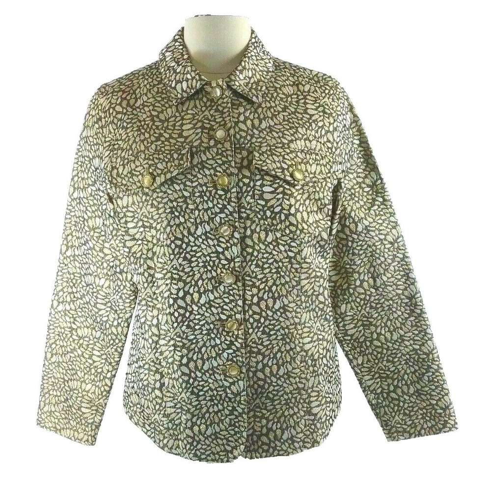 Laura‎ Ashley Jacket MED Black Ivory Metallic Gold Leaf Pearl Rhinestone Dressy